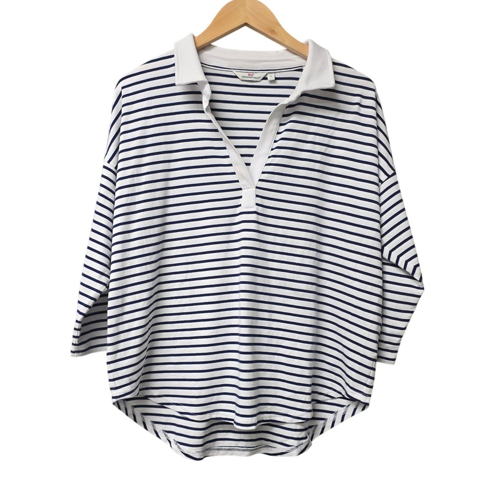 Vineyard Vines Rugby Shirt Womens M White Blue Striped Preppy Coastal Nautical